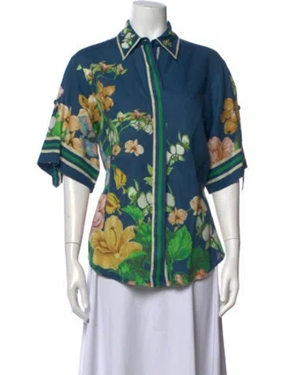 Pre-owned Alemais Linen Floral Print Top In Blue