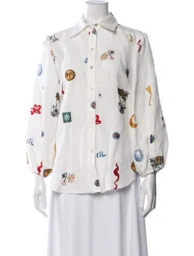 Pre-owned Alemais Linen Graphic Print Blouse In White