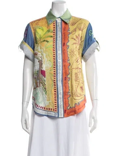 Pre-owned Alemais Linen Graphic Print Top In Green