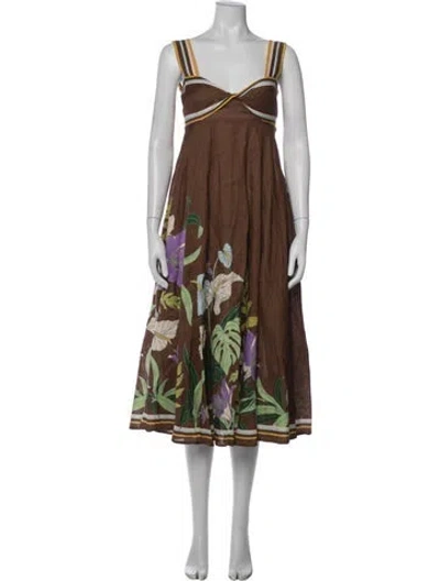 Pre-owned Alemais Linen Midi Length Dress In Brown