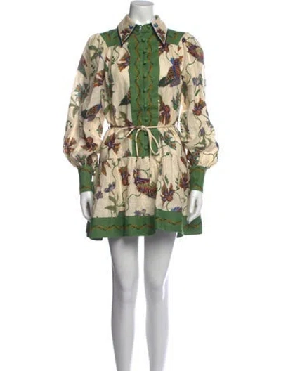Pre-owned Alemais Linen Mini Dress In Green/neutrals
