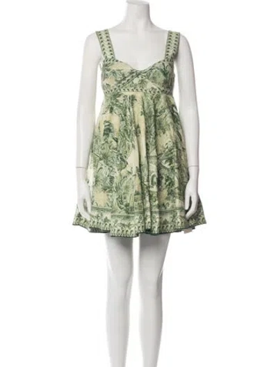 Pre-owned Alemais Linen Mini Dress In Green/neutrals