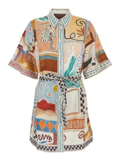 Alemais Linen Point-collar Mini Dress With Self-tie Belt In Multi