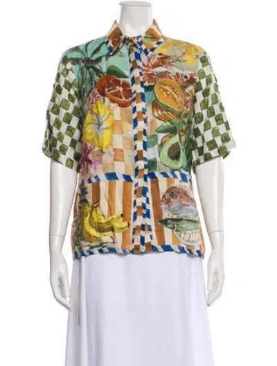 Pre-owned Alemais Linen Printed Button-up Top In Blue