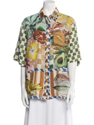 Pre-owned Alemais Linen Printed Button-up Top In Green