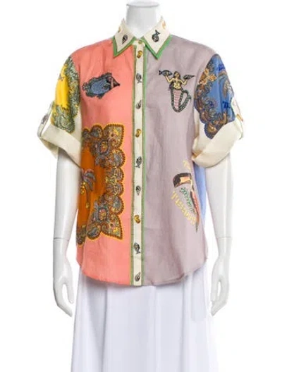 Pre-owned Alemais Linen Printed Button-up Top In Pink