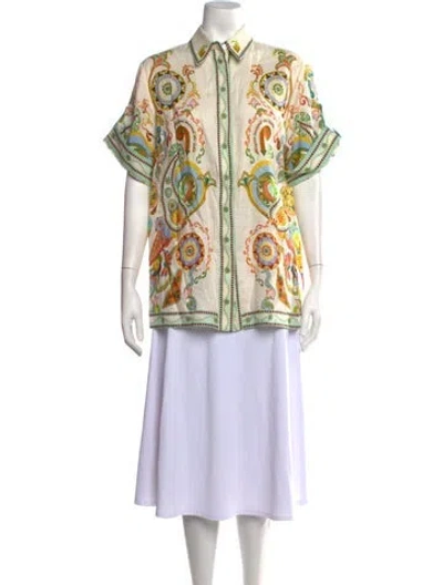 Pre-owned Alemais Linen Printed Button-up Top In White