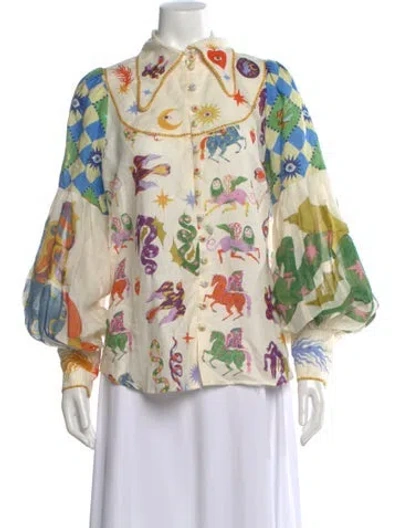 Pre-owned Alemais Lou Celestial Balloon Sleeve Linen Blouse W/ Tags W/tags In Neutral