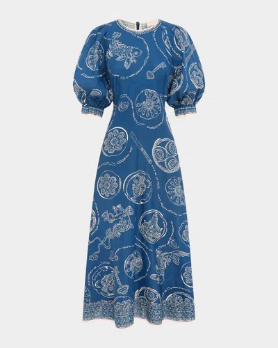 Alemais Lucky Graphic-print Puff-sleeve Midi Dress In Multi