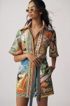 Alemais Lucky Pace Linen Short-sleeve Belted Mini Shirt Dress In Multi