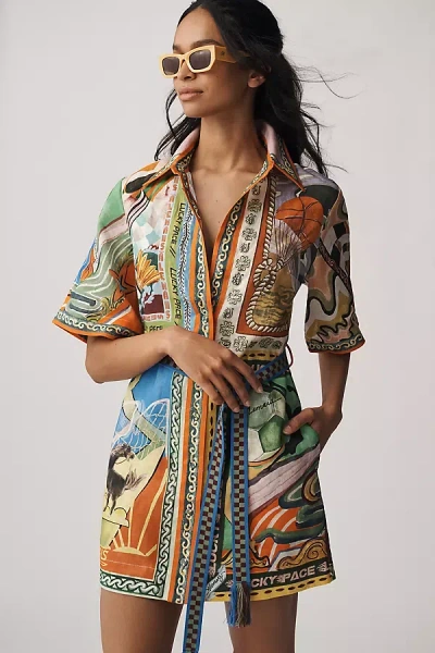 Alemais Lucky Pace Linen Short-sleeve Belted Mini Shirt Dress In Multi