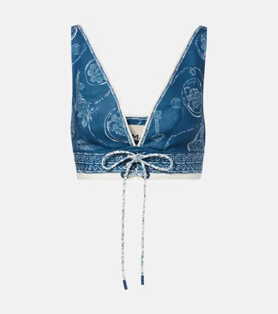 Alemais Lucky Cropped Printed Linen Top In Blue