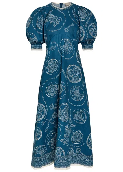 Alemais Lucky Graphic-print Puff-sleeve Midi Dress In Multi