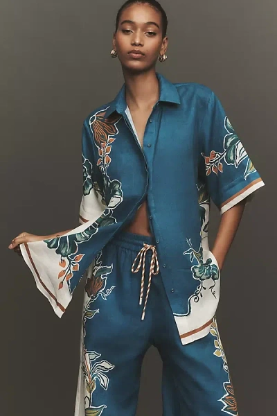 Alemais Luda Half-sleeve Linen Buttondown Shirt In Blue