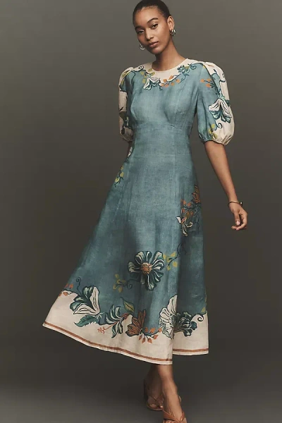 Alemais Luda Puff-sleeve Linen Midi Dress In Blue