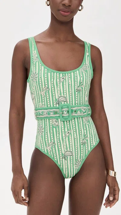 Alemais Lulu Belted One Piece Swimsuit In Stripe In Green