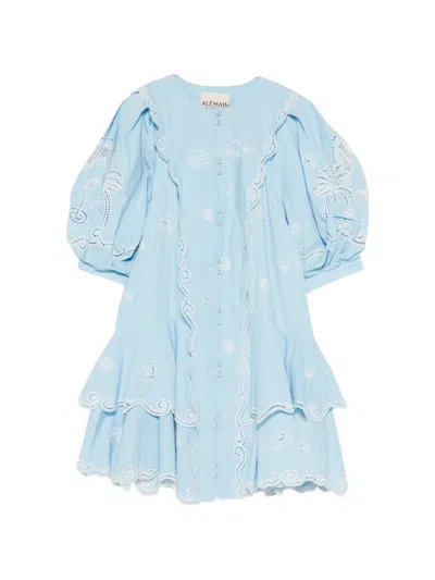 Alemais Maizy Embroidered Puff-sleeves Mini Dress In Blue
