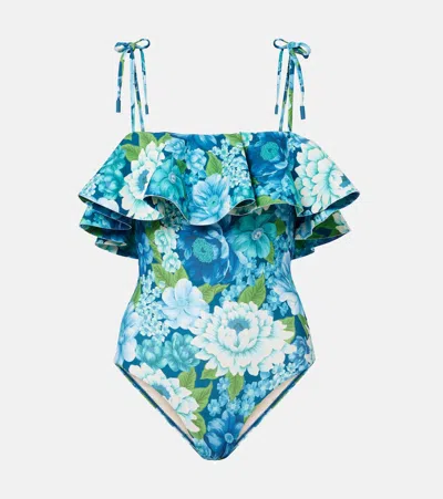 Alemais Alémais Margo Floral Ruffled Swimsuit In Blue