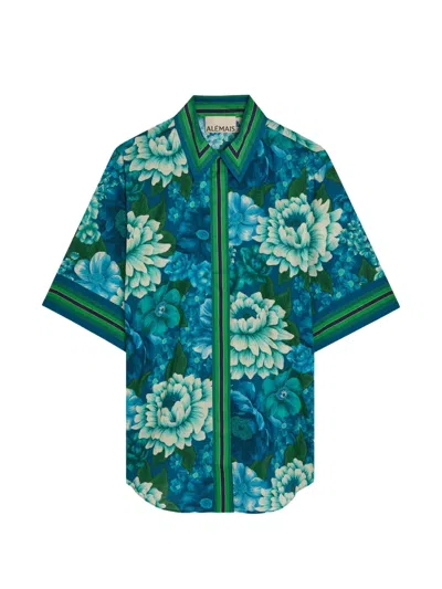 Alemais Margo Floral-print Striped-trim Shirt In Blue