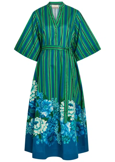 Alemais Margo Belted Striped Floral-print Organic Cotton-poplin Midi Dress In Green