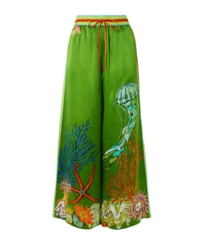 Alemais Marine Coral-printed Silk Wide-leg Pants In Green