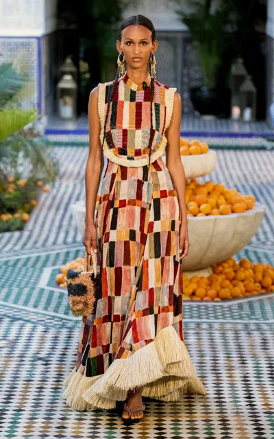 Alemais Marjorelle Raffia-embellished Linen-blend Gown In Multi