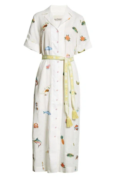 Alemais X Alan Berry Rhys Blue Marlin Embroidered Shirtdress With Belt In Neutrals