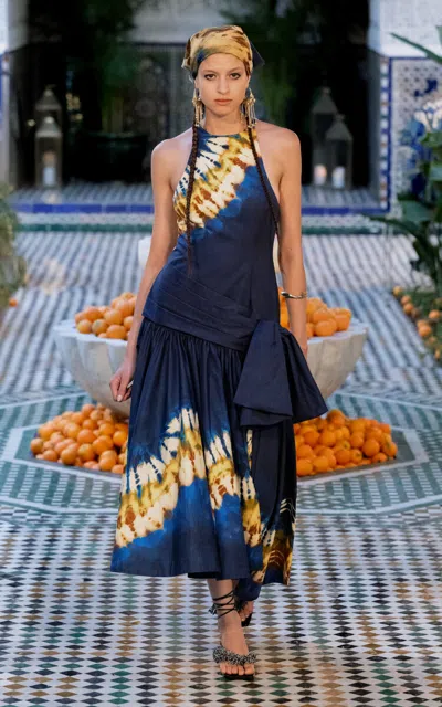 Alemais Martine Draped Cotton Sateen Midi Dress In Blue