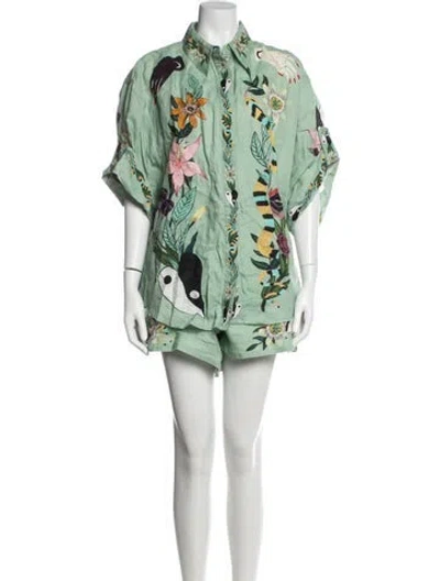 Pre-owned Alemais Meagan Linen Short Set Jade Floral Print Short Set In Green