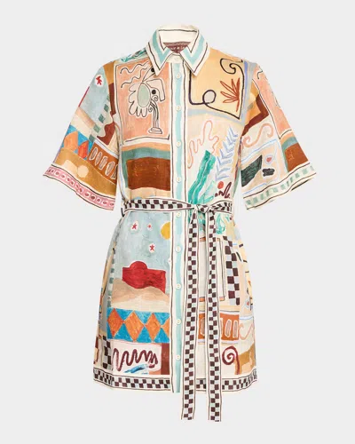 Alemais Michelle Multicolor Mini Dress With Classic Collar And All-over Geometric Motif In Linen Woman