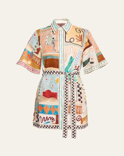Alemais Michelle Multicolor Mini Dress With Classic Collar And All-over Geometric Motif In Linen Woman