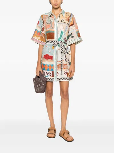 Alemais Michelle Multicolor Mini Dress With Classic Collar And All-over Geometric Motif In Linen Woman