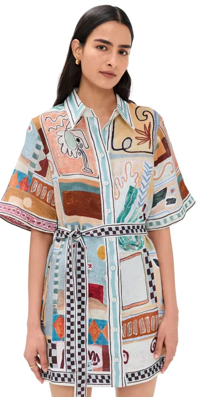 Alemais Michelle Multicolor Mini Dress With Classic Collar And All-over Geometric Motif In Linen Woman