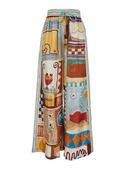 Alemais Michelle Multicolor Pants With Drawstring Waist And All-over Geometric Motif In Silk Woman