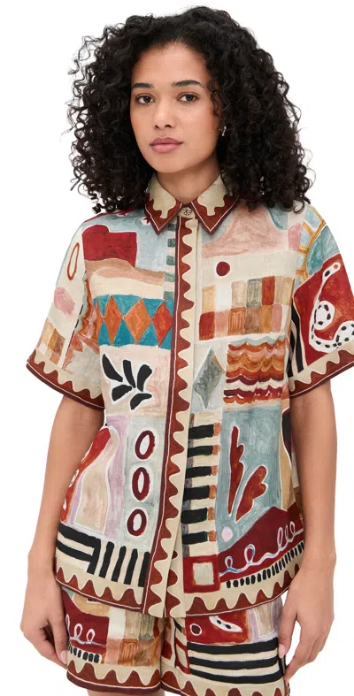 Alemais Michelle Multicolor Shirt With Classic Collar And All-over Geometric Motif In Linen For Women