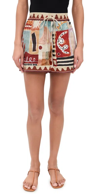 Alemais Michelle Multicolor Shorts With Drawstring Waist And All-over Geometric Motif In Linen Woman In Brown
