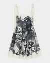 Alemais Mickey Tie-detailed Shirred Floral-print Linen-gauze Mini Dress In White