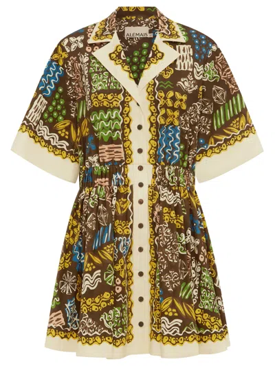 Alemais Camp-collar Cotton Mini Dress With Smocked Waist In Brown