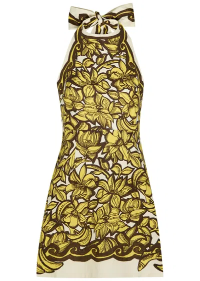 Alemais Mona Printed Halterneck Hemp Mini Dress In Yellow