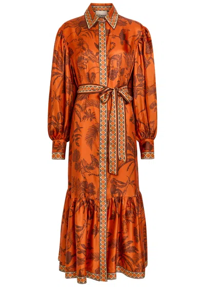 Alemais Monkey Dance Printed Silk Midi Shirt Dress In Brown