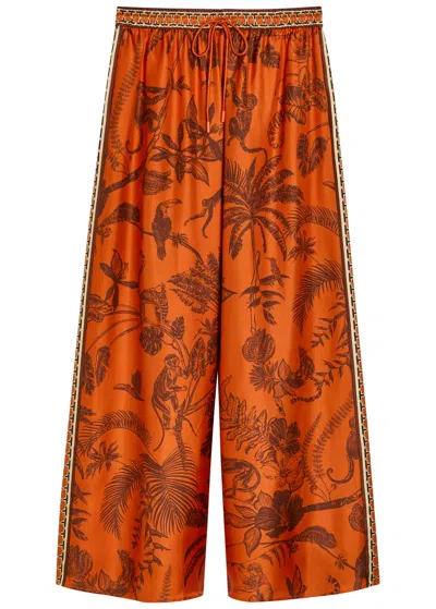 Alemais Monkey Dance Printed Wide-leg Silk Trousers In Brown