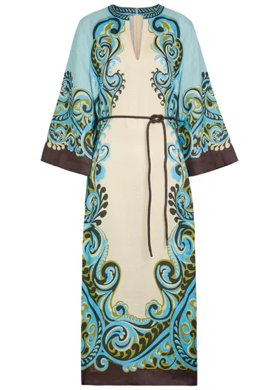 Alemais Natalia Printed Belted Linen Midi Dress In Blue