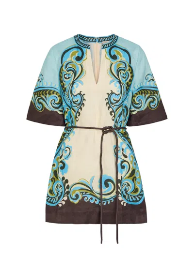 Alemais Natalia Printed Belted Linen Mini Dress In Blue