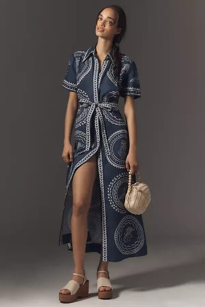 Alemais Oceane Short-sleeve Linen Midi Shirt Dress In Blue