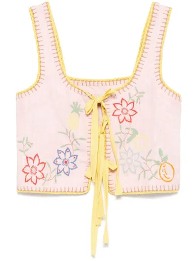Alemais Olivia Tie-detailed Embroidered Linen Top In Pink