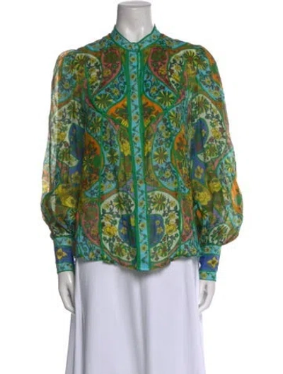 Pre-owned Alemais Paisley Print Mock Neck Button-up Top In Green