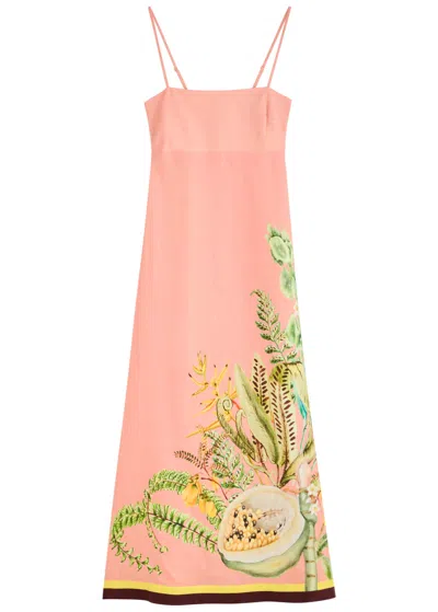 Alemais Papaya Smocked Printed Linen Midi Dress In Pink