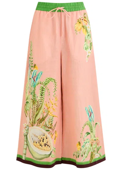 Alemais Papaya Floral-print Flax Trousers In Pink