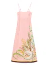 Alemais Papaya Smocked Printed Linen Midi Dress In Pink