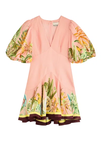 ALEMAIS ALEMAIS PAPAYA PRINTED FLAX-BLEND MINI DRESS
